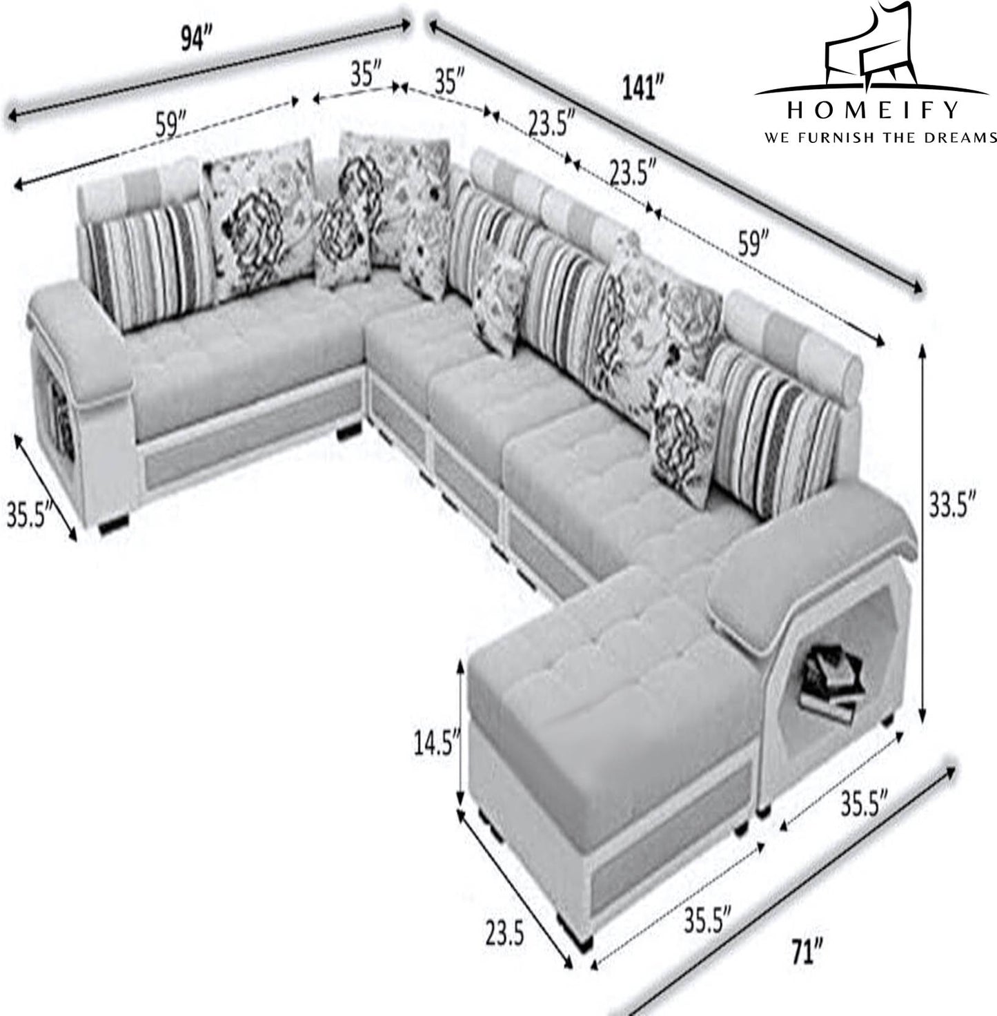 Homeify Carlo 9 Seater Fabric Sofa Set with 4-Puffy Convertible Sofa Set Fabric 9 Seater Sofa (Finish Color - Brown & White, DIY(Do-It-Yourself)