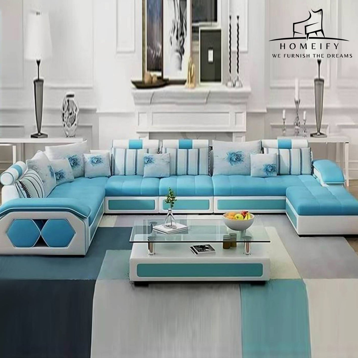 Homeify Carlo 9 Seater Fabric Sofa Set with 4-Puffy Convertible Sofa Set for Living Room Fabric 3 + 3 + 2 + 2 Sofa Set (Light Blue, Pre-assembled)