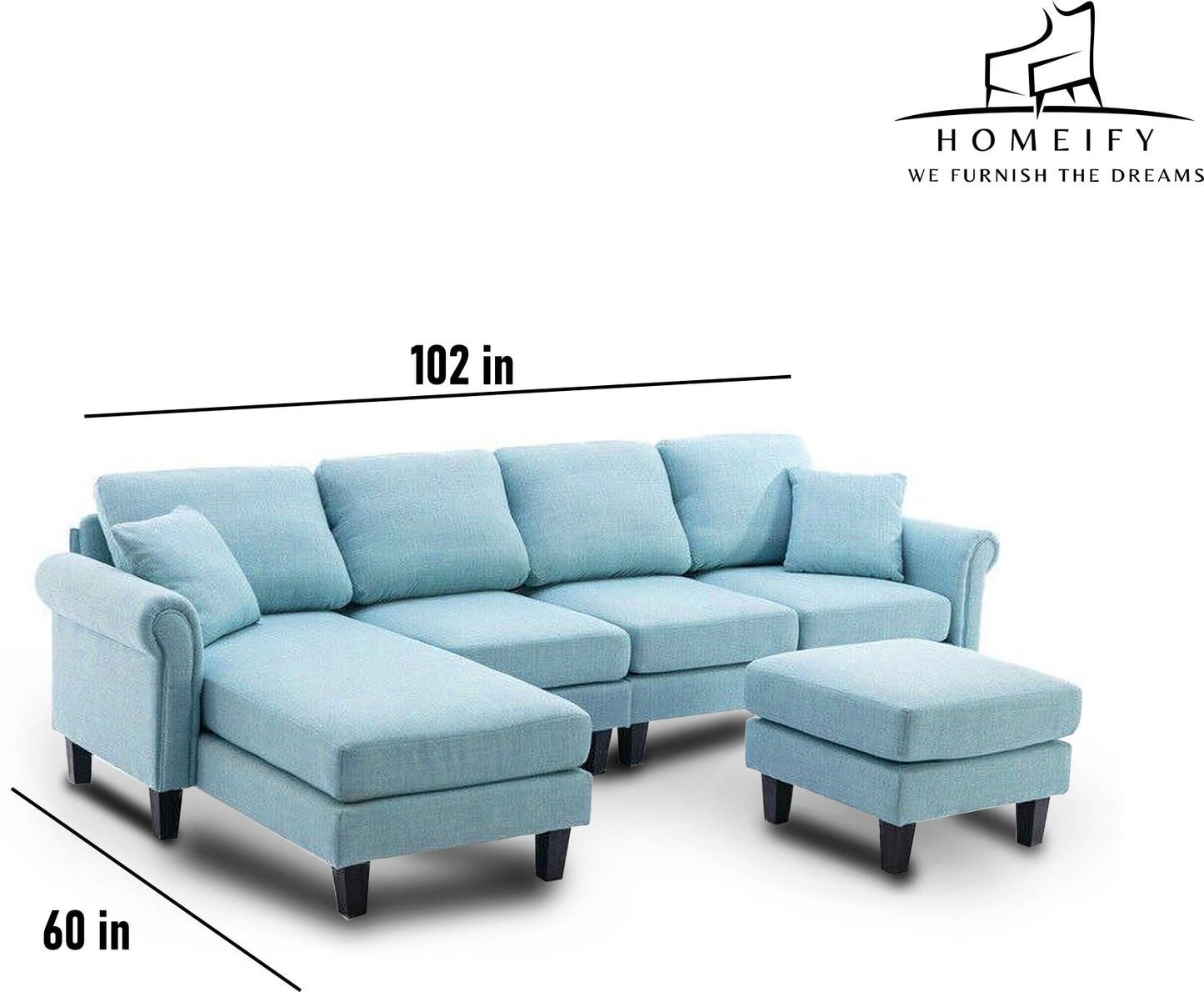 Homeify Reba 6 Seater Fabric Sectional Sofa with Ottoman for Living Room Fabric 3 + 2 + 1 Sofa Set (Blue, Pre-assembled)
