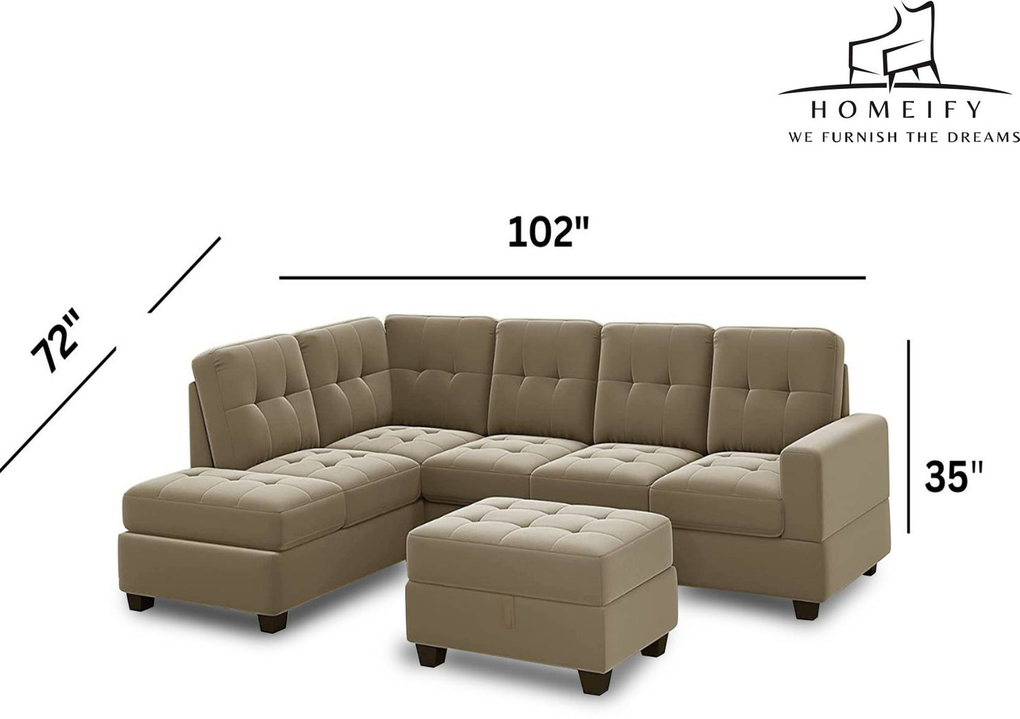 Homeify Ciesta Fabric 5- to 6-Seater Sofa L Shape Sofa Set with Storage Ottoman Fabric 6 Seater Sofa (Finish Color - Beige, DIY(Do-It-Yourself)