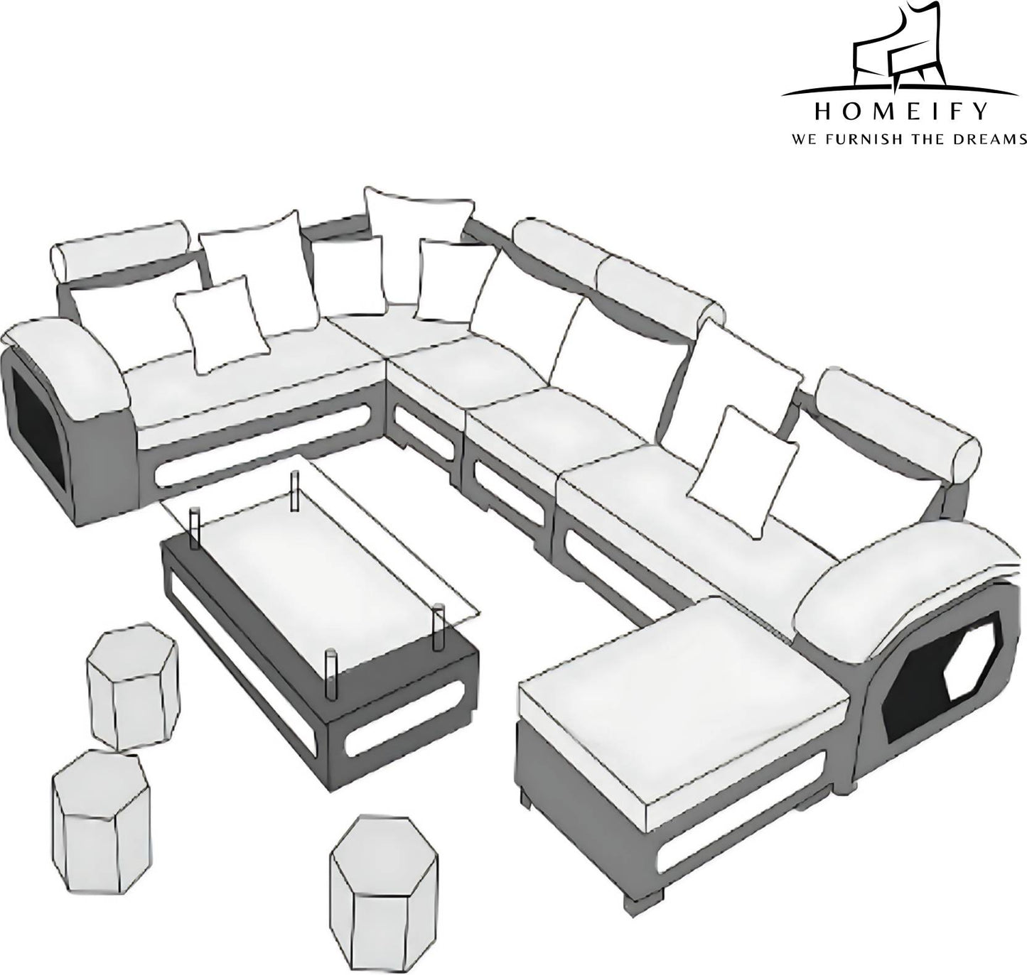Homeify Carlo 9 Seater Fabric Sofa Set with 4-Puffy Convertible Sofa Set for Living Room Fabric 3 + 3 + 2 + 2 Sofa Set (Black, Pre-assembled)