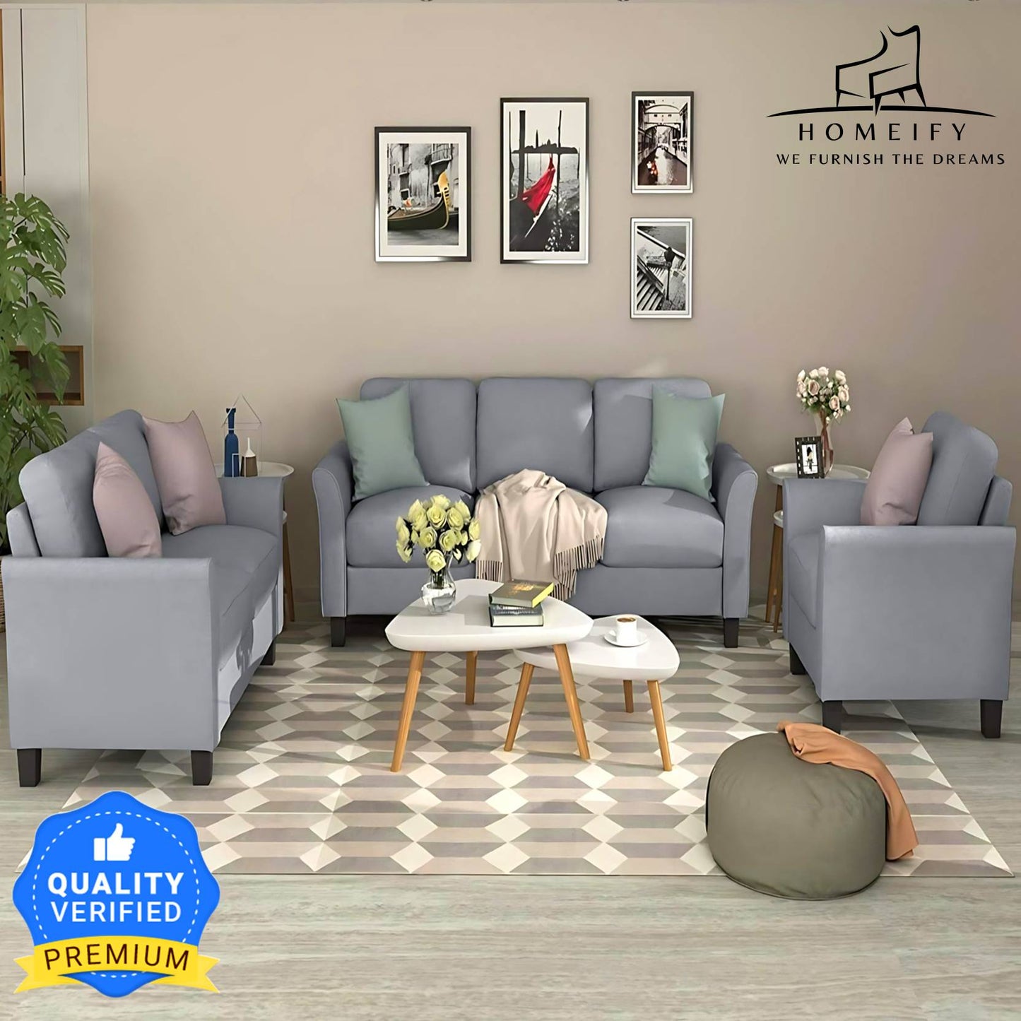 Homeify Wood Swiss 5- to 6-Seater Sofa 3+2+1 Sofa Set for Living Room Fabric 3 + 2 + 1 Sofa Set (Light Grey, Pre-assembled)