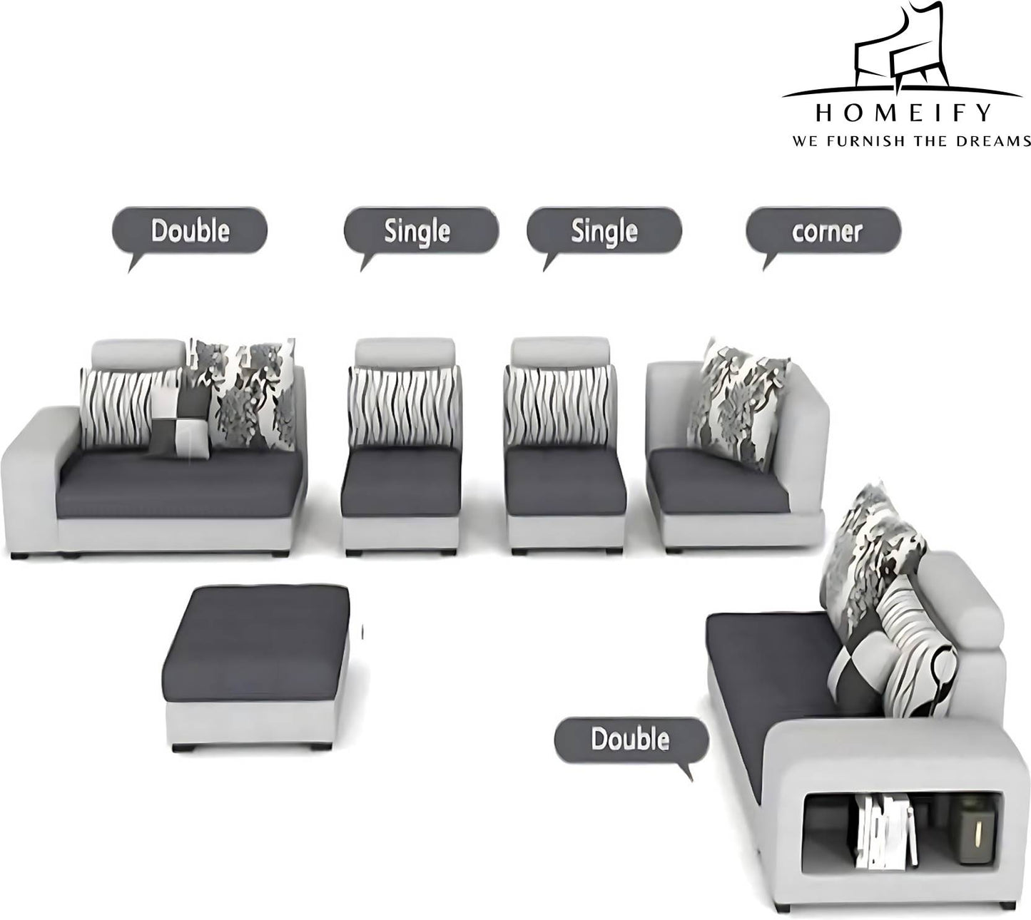 Homeify Carlo 9 Seater Fabric Sofa Set with 4-Puffy Convertible Sofa Set for Living Room Fabric 3 + 3 + 2 + 2 Sofa Set (Black, Pre-assembled)