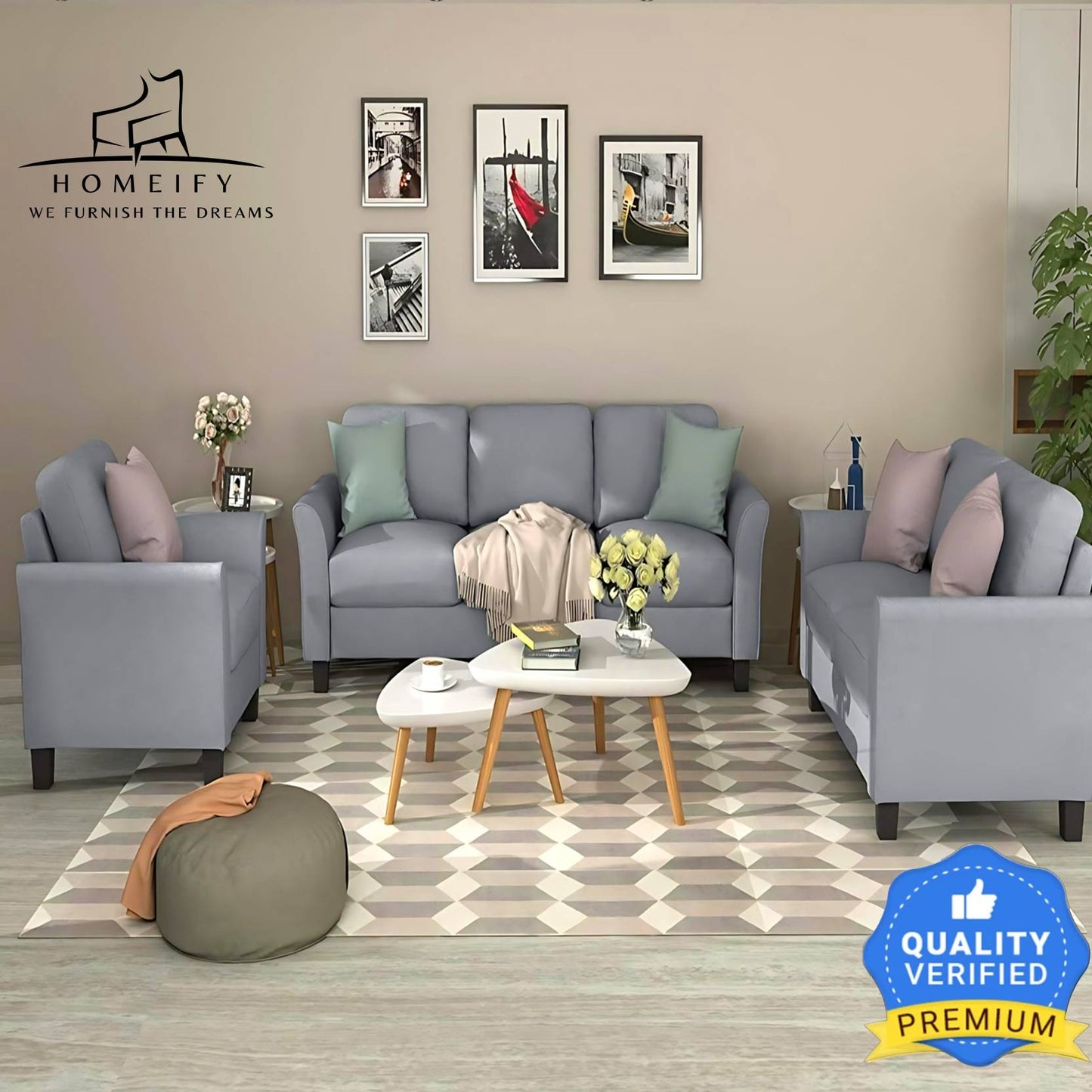 Homeify Wood Swiss 5- to 6-Seater Sofa 3+2+1 Sofa Set for Living Room Fabric 3 + 2 + 1 Sofa Set (Light Grey, Pre-assembled)