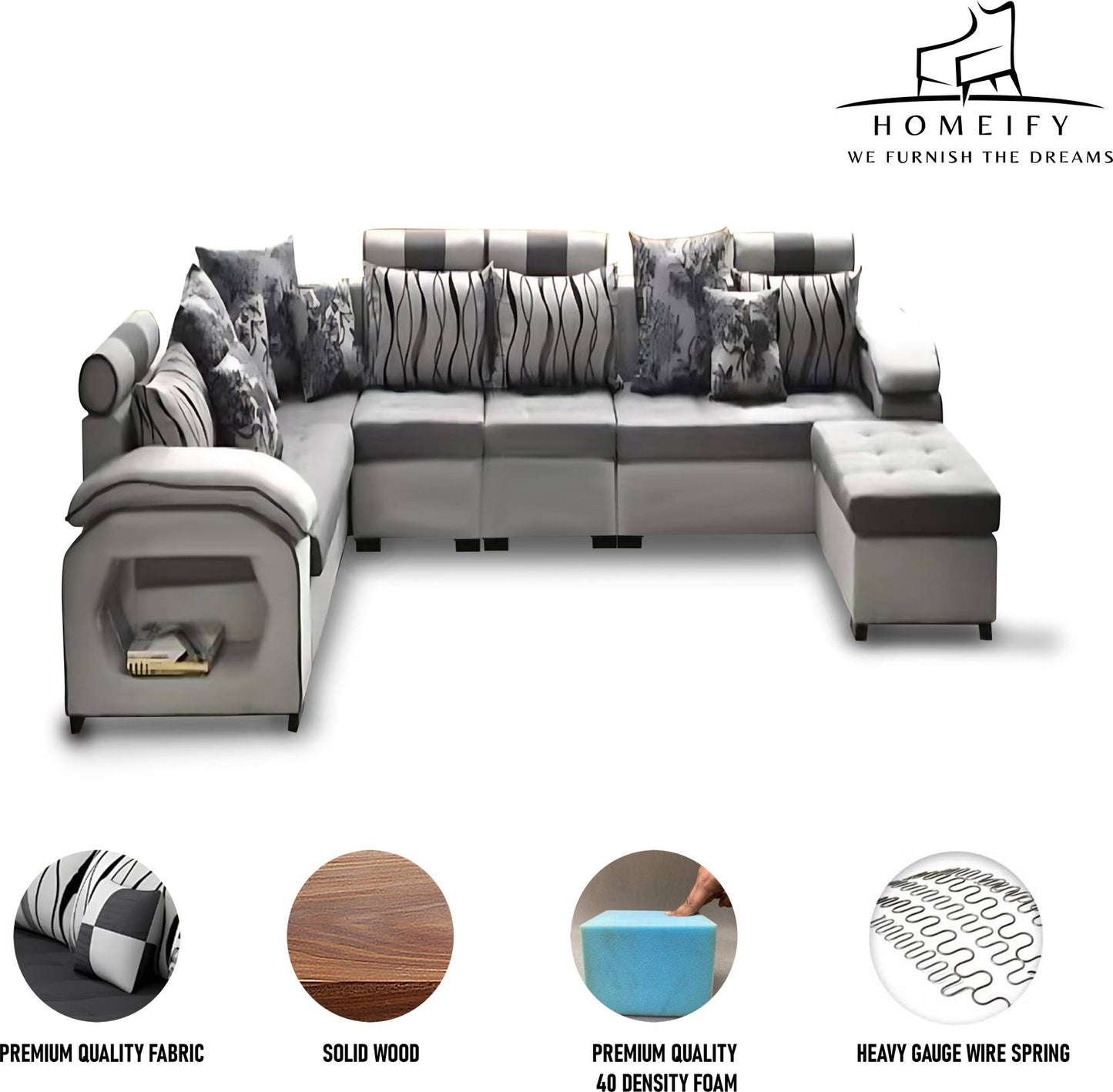 Homeify Carlo 9 Seater Fabric Sofa Set with 4-Puffy Convertible Sofa Set for Living Room Fabric 9 Seater Sofa (Finish Color - Grey&White, DIY(Do-It-Yourself))