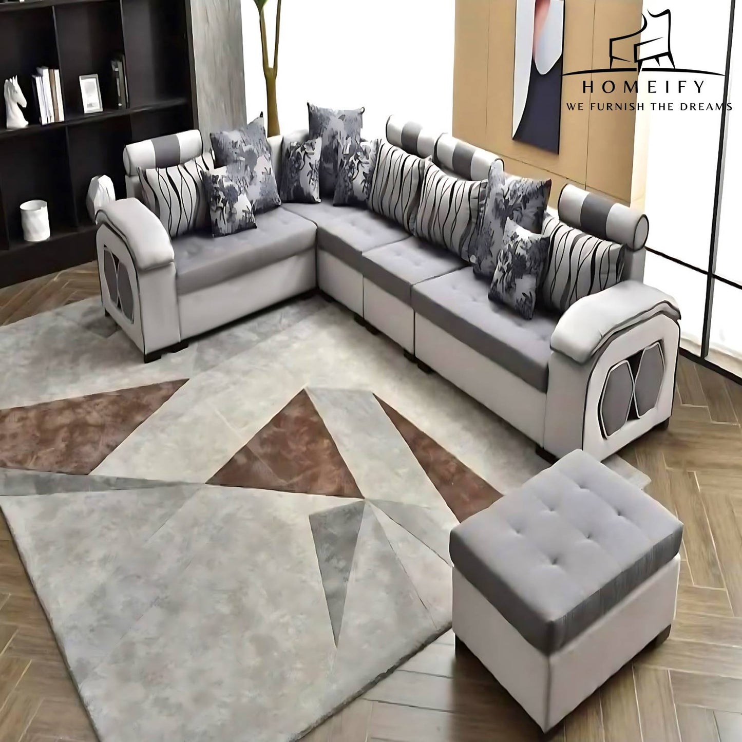 Homeify Carlo 9 Seater Fabric Sofa Set with 4-Puffy Convertible Sofa Set for Living Room Fabric 9 Seater Sofa (Finish Color - Grey&White, DIY(Do-It-Yourself))