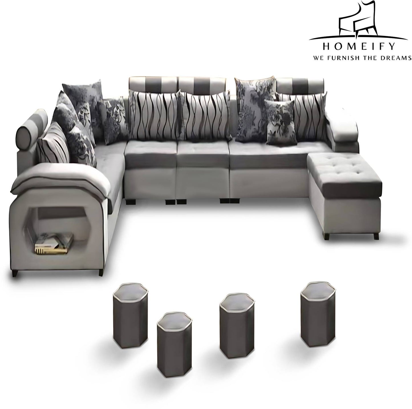 Homeify Carlo 9 Seater Fabric Sofa Set with 4-Puffy Convertible Sofa Set for Living Room Fabric 9 Seater Sofa (Finish Color - Grey&White, DIY(Do-It-Yourself))
