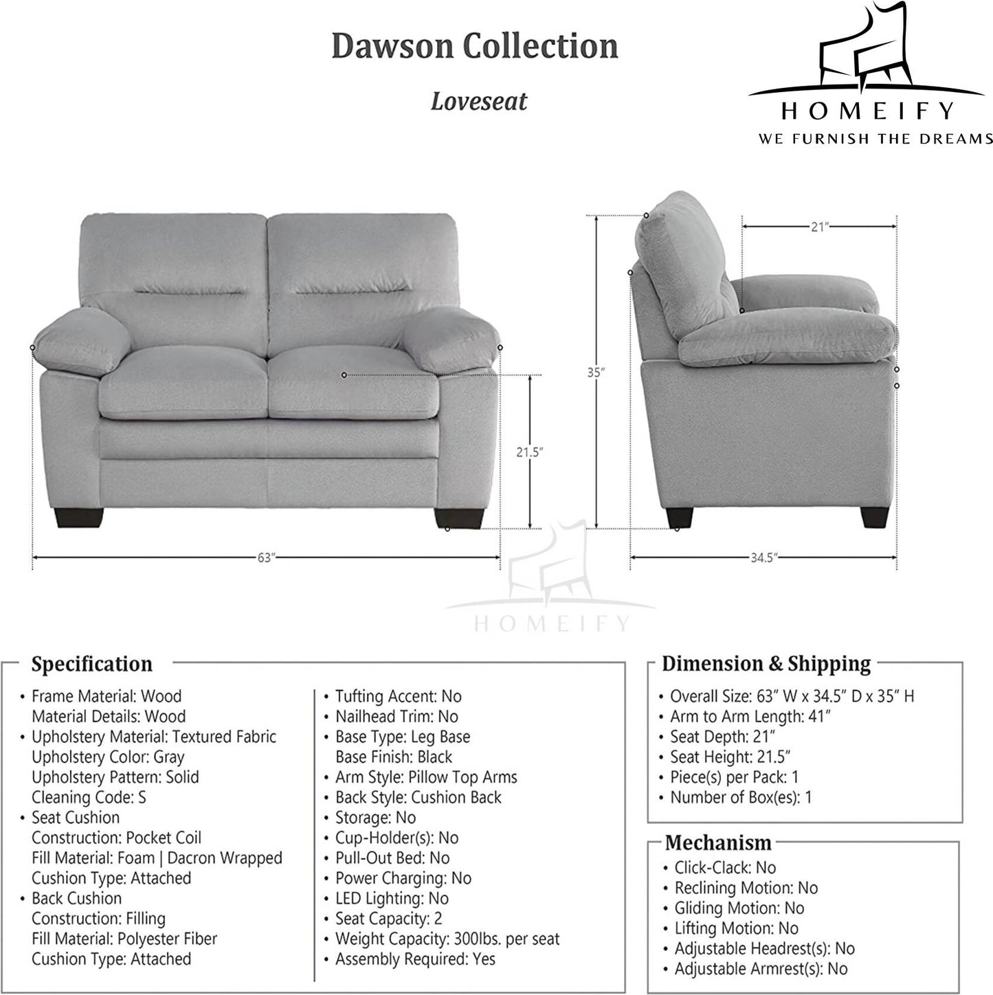 Homeify Dawson 2 Seater Leatherette Sofa for Living Room Leatherette 2 Seater Sofa (Finish Color - Grey, DIY(Do-It-Yourself)