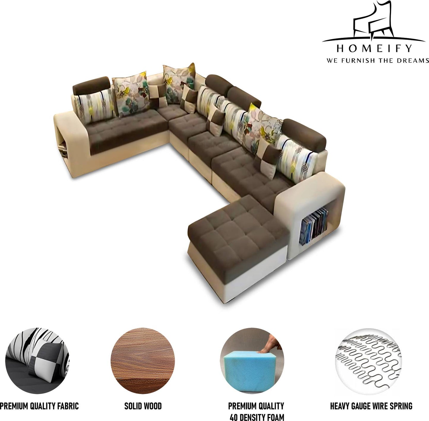 Homeify Carlo 9 Seater Fabric Sofa Set with 4-Puffy Convertible Sofa Set Fabric 9 Seater Sofa (Finish Color - Brown & White, DIY(Do-It-Yourself)