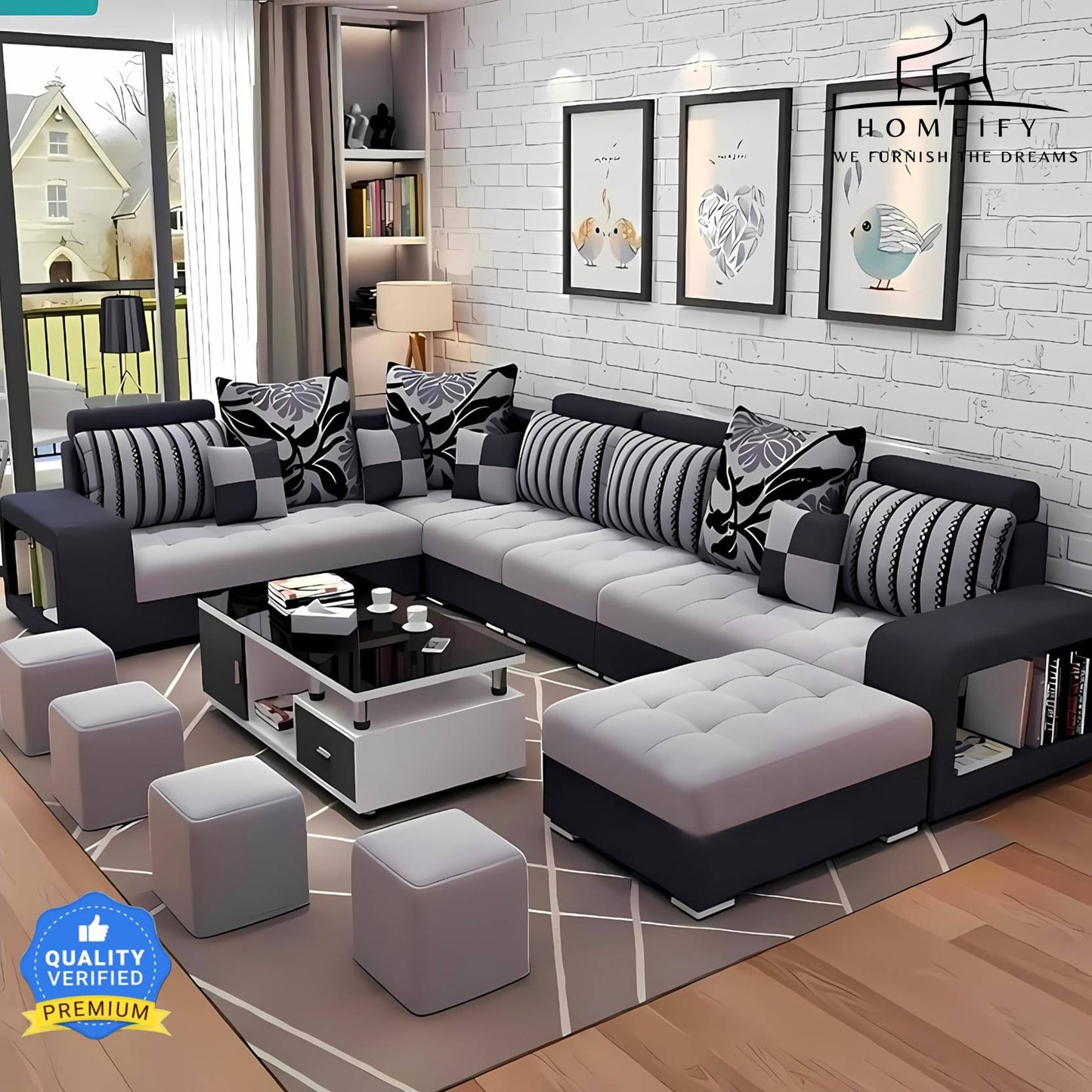 Homeify Carlo 9 Seater Fabric Sofa Set with 4-Puffy Convertible Sofa Set for Living Room Fabric 3 + 3 + 2 + 2 Sofa Set (Black, Pre-assembled)