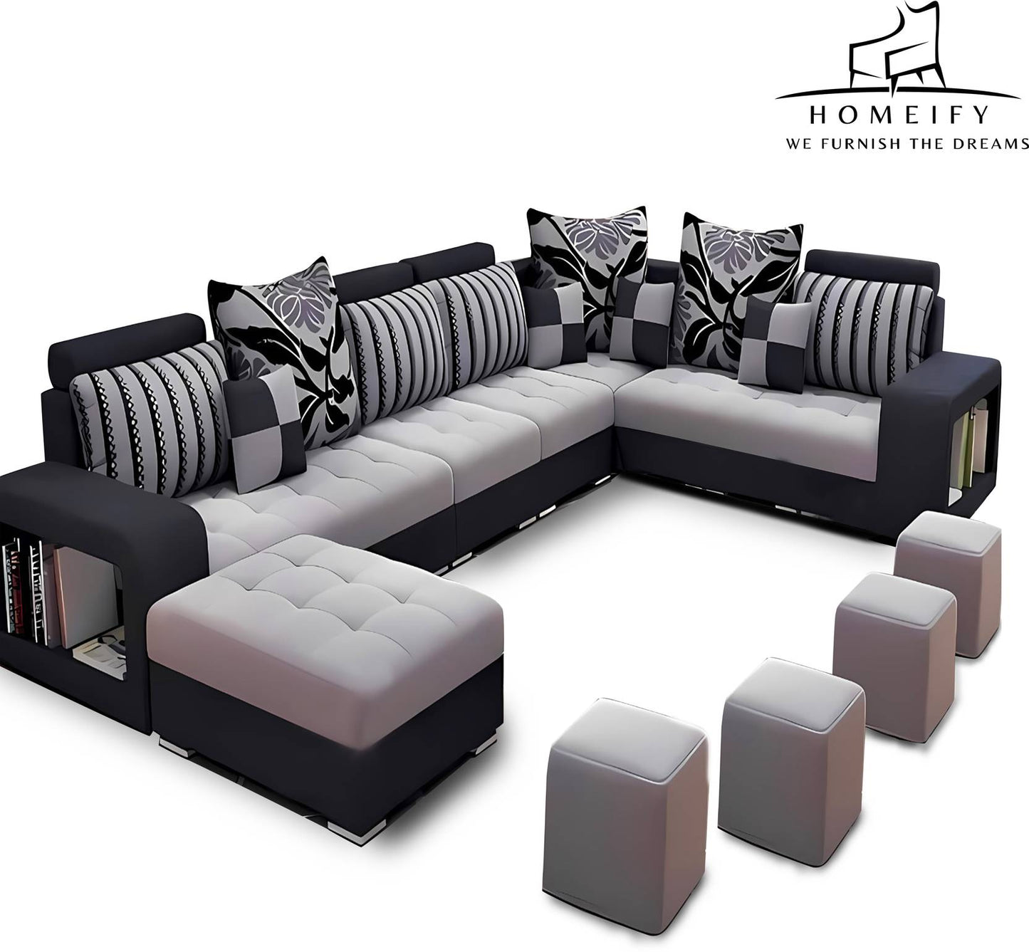 Homeify Carlo 9 Seater Fabric Sofa Set with 4-Puffy Convertible Sofa Set for Living Room Fabric 3 + 3 + 2 + 2 Sofa Set (Black, Pre-assembled)