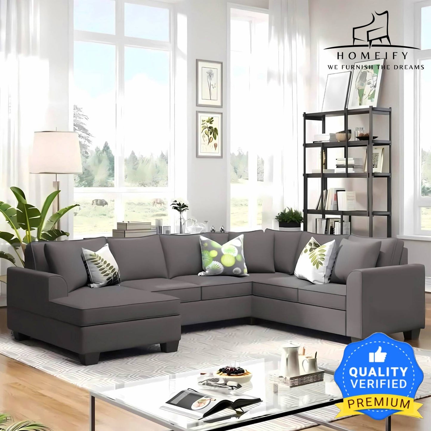 Homeify Carelino 7 Seater Fabric U Shaped Sofa Set for Living Room Fabric 7 Seater Sofa (Finish Color - Dark Grey, DIY(Do-It-Yourself)