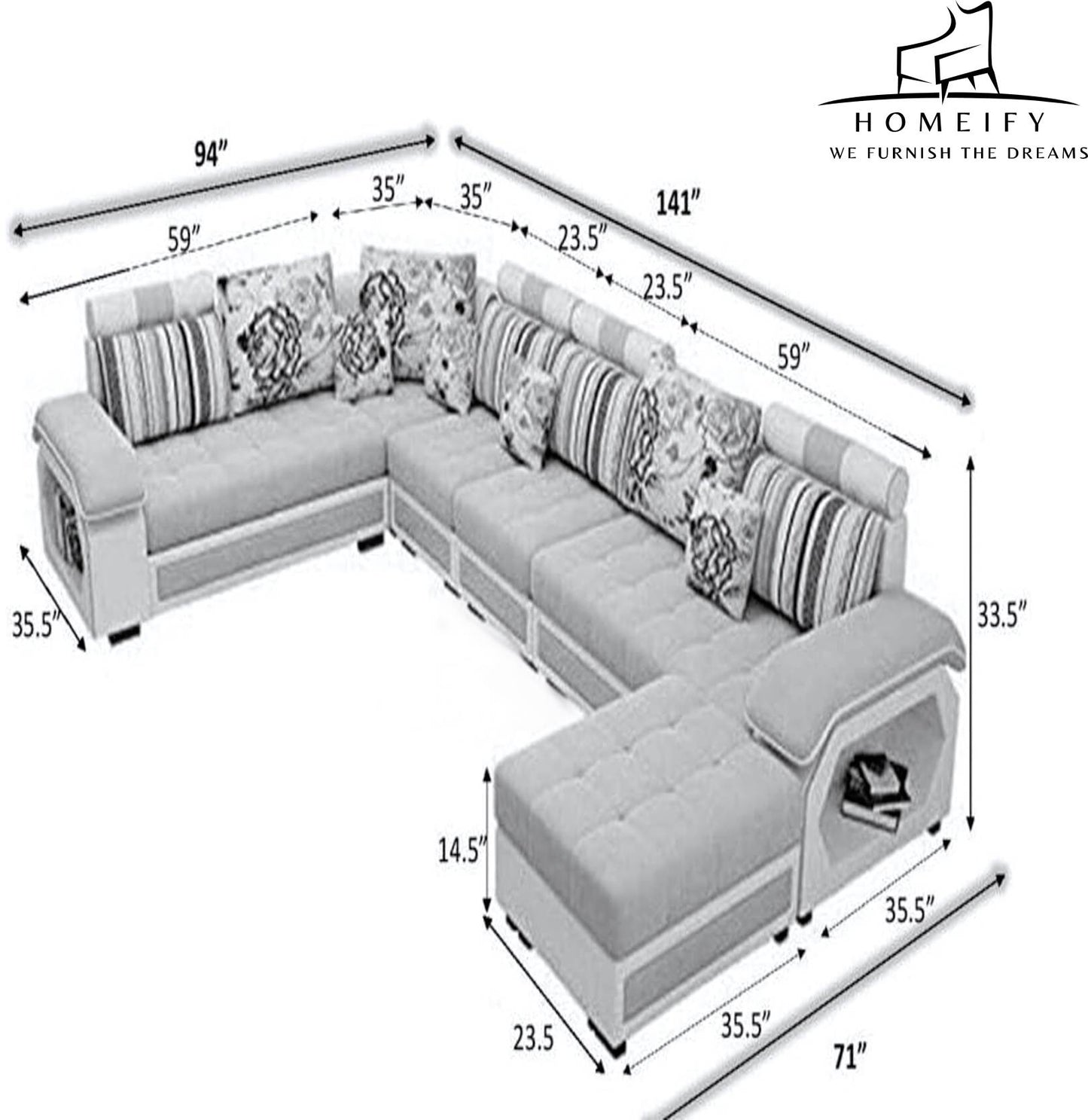 Homeify Carlo 9 Seater Fabric Sofa Set with 4-Puffy Convertible Sofa Set for Living Room Fabric 3 + 3 + 2 + 2 Sofa Set (Light Blue, Pre-assembled)