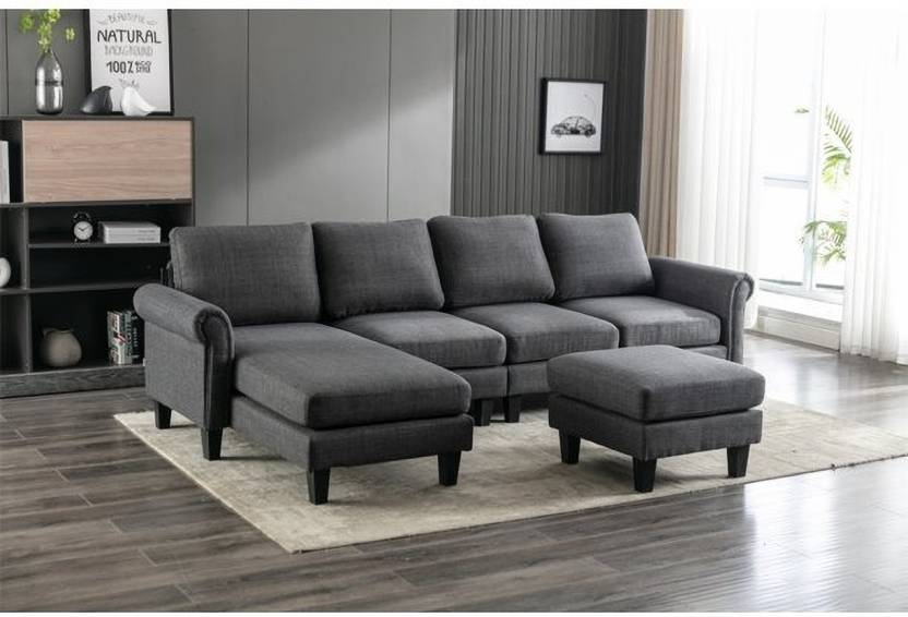Homeify Reba Upholstered Chaise Sectional with Ottoman Fabric 6 Seater Sofa (Finish Color - Dark Grey, DIY(Do-It-Yourself)