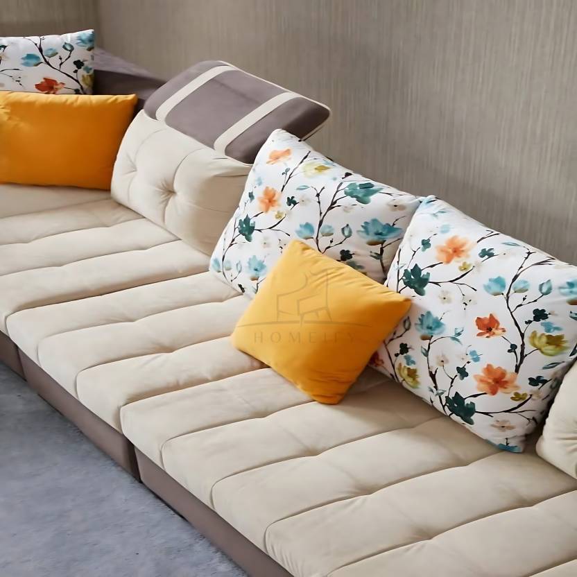 Homeify Carlo 9 Seater Fabric Sofa Set with 4-Puffy Convertible Sofa Set for Living Room Fabric 9 Seater Sofa (Finish Color - Beige & Brown, DIY(Do-It-Yourself)