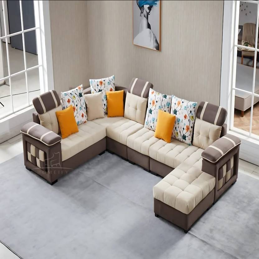 Homeify Carlo 9 Seater Fabric Sofa Set with 4-Puffy Convertible Sofa Set for Living Room Fabric 9 Seater Sofa (Finish Color - Beige & Brown, DIY(Do-It-Yourself)