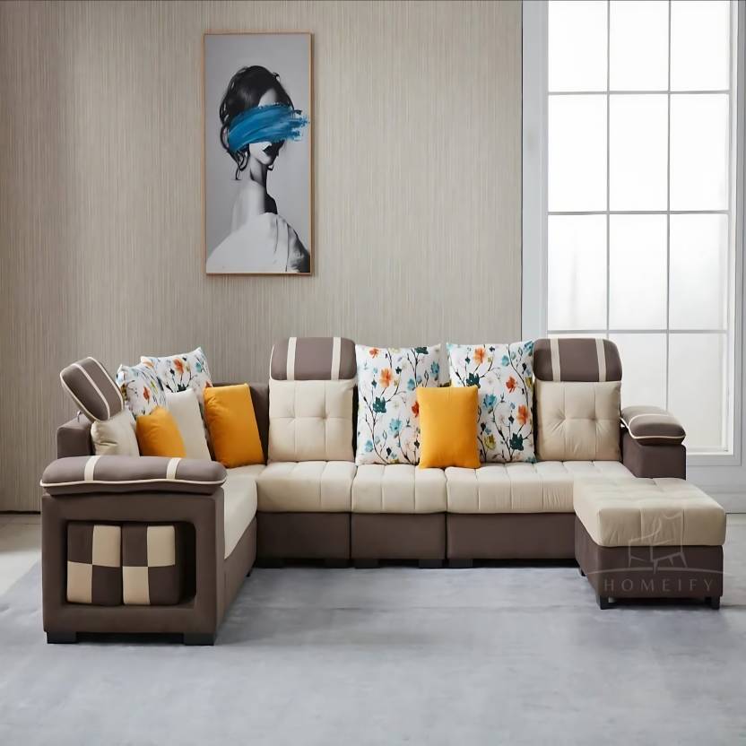 Homeify Carlo 9 Seater Fabric Sofa Set with 4-Puffy Convertible Sofa Set for Living Room Fabric 9 Seater Sofa (Finish Color - Beige & Brown, DIY(Do-It-Yourself)