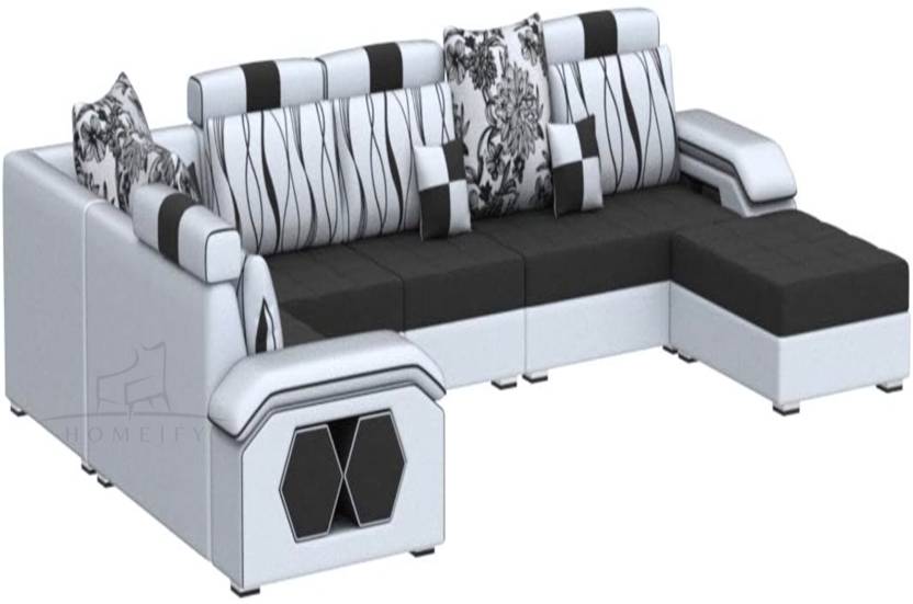 Homeify Carlo 9 Seater Fabric Sofa Set with 4-Puffy Convertible Sofa Set for Living Room Fabric 9 Seater Sofa (Finish Color - Black & Light Grey, DIY(Do-It-Yourself)