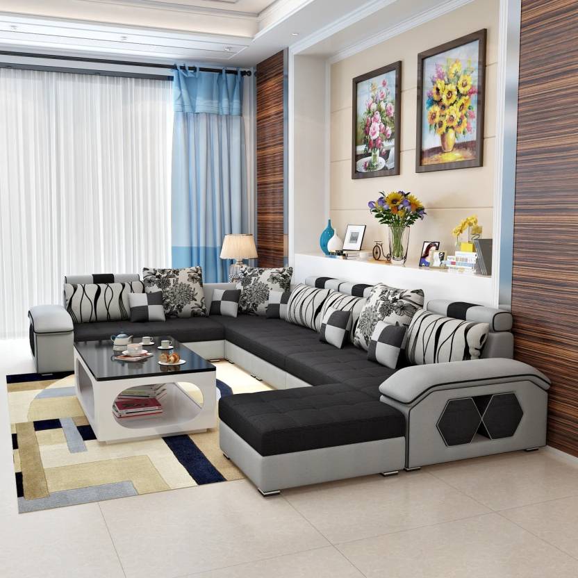 Homeify Carlo 9 Seater L-Shaped Sectional Sofa with Ottoman for Living Room Fabric 3 + 2 + 2 + 1 Sofa Set (Black/Grey, Pre-assembled)