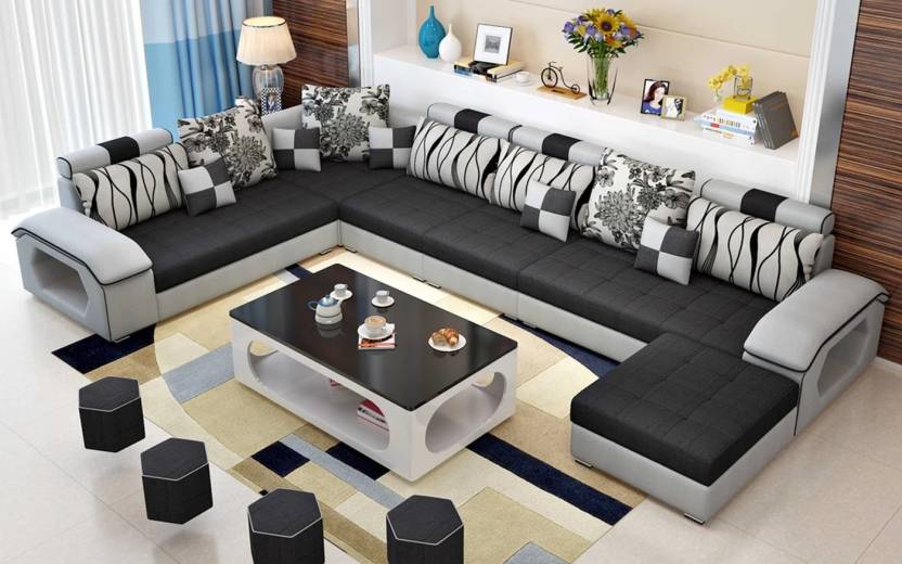 Homeify Carlo 9 Seater L-Shaped Sectional Sofa with Ottoman for Living Room Fabric 3 + 2 + 2 + 1 Sofa Set (Black/Grey, Pre-assembled)