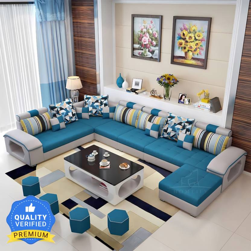 Homeify Carlo 9 Seater Fabric Sofa Set with 4-Puffy Convertible Sofa Set for Living Room Fabric 9 Seater Sofa (Finish Color - Blue / Gray, DIY(Do-It-Yourself)