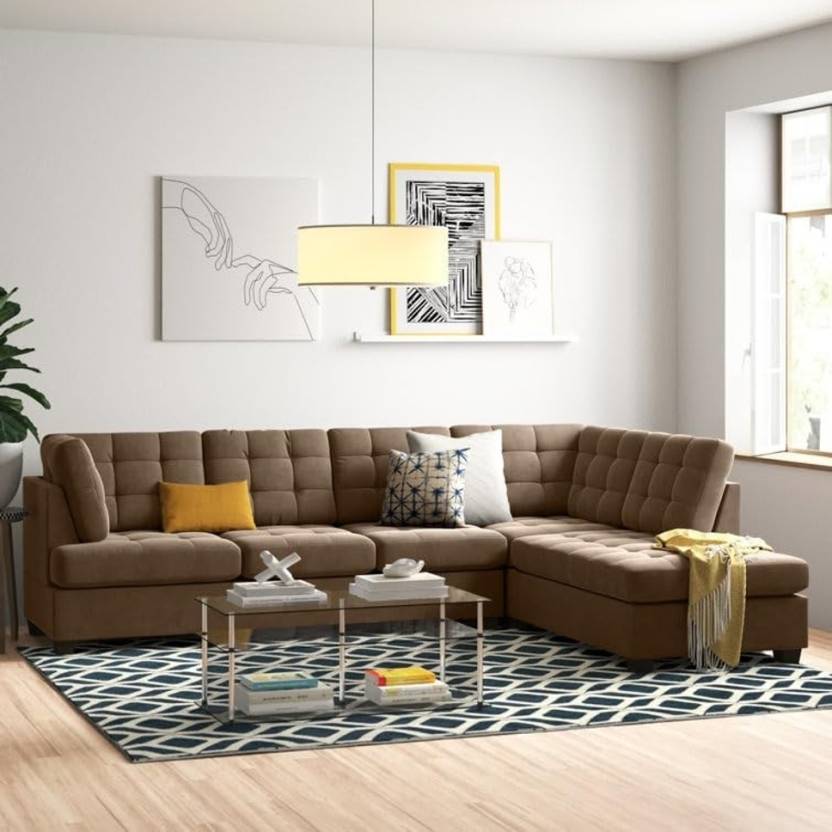 Homeify Wooden 6 Seater L Shaped Sectional Sofa for Living Room Fabric 6 Seater Sofa (Finish Color - Brown, DIY(Do-It-Yourself))