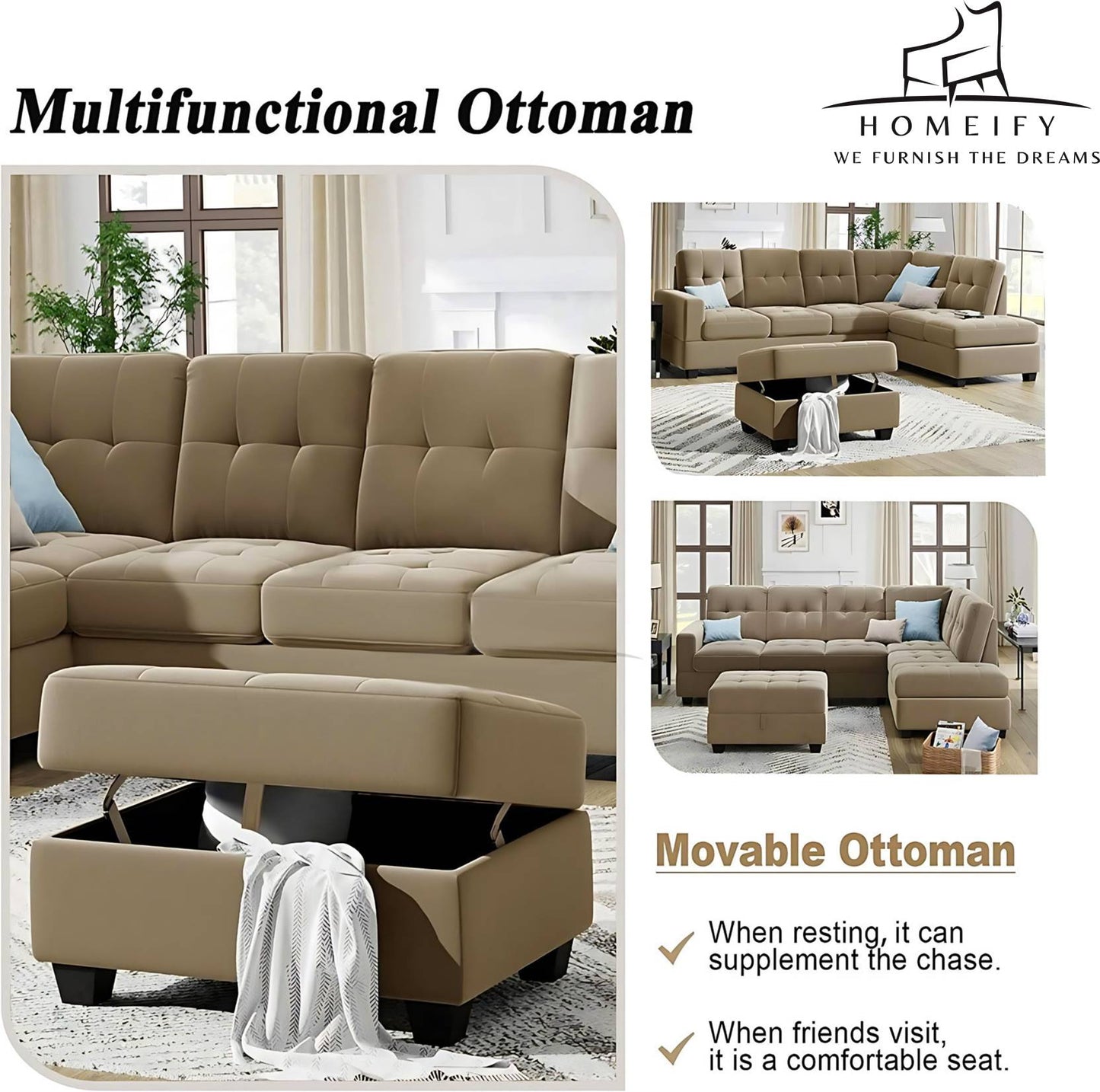 Homeify Ciesta Fabric 5- to 6-Seater Sofa L Shape Sofa Set with Storage Ottoman Fabric 6 Seater Sofa  (Finish Color - Beige, DIY(Do-It-Yourself)