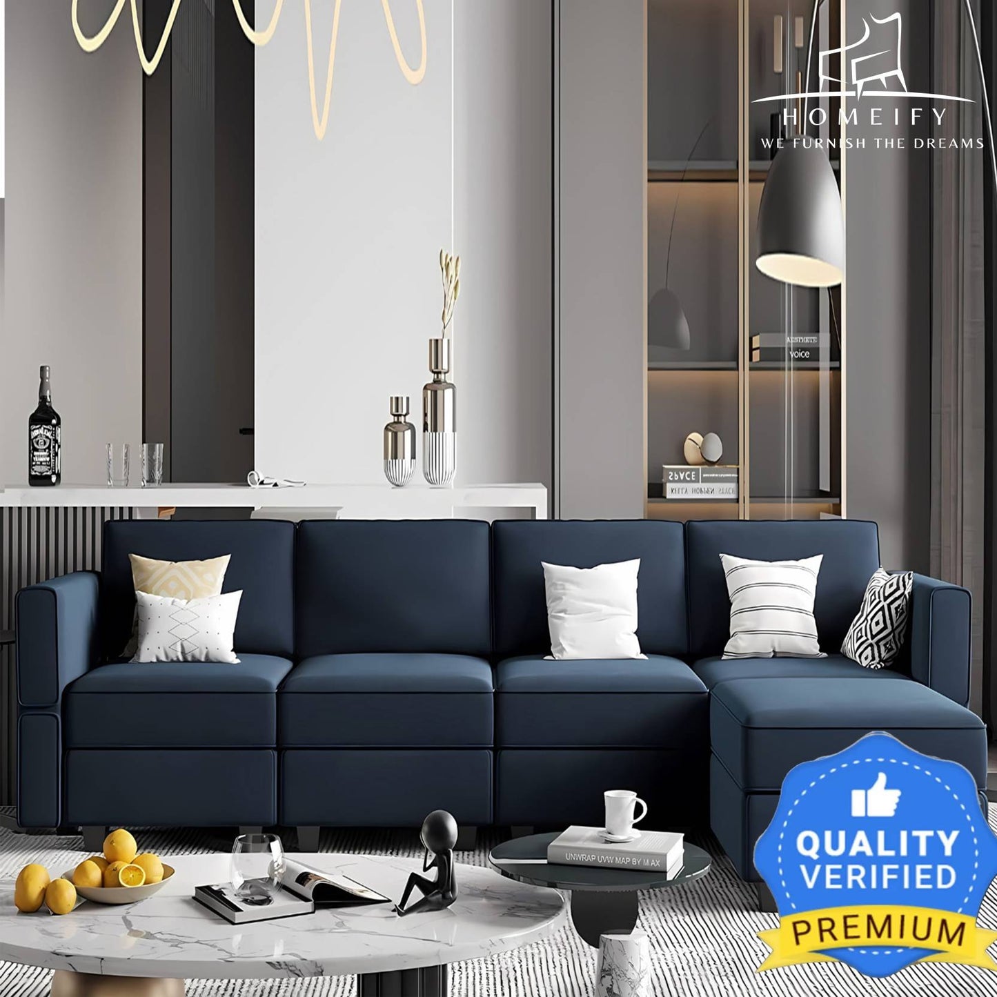 Homeify Skyler 5 Seater Sectional Sofa Set for Living Room Fabric 5 Seater Sofa  (Finish Color - Blue, Pre-assembled)