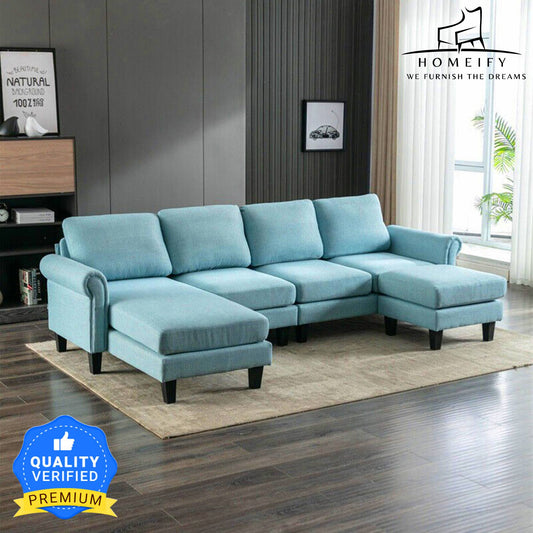 Homeify Reba 6 Seater Fabric Sectional Sofa with Ottoman for Living Room Fabric 3 + 2 + 1 Sofa Set  (Blue, Pre-assembled)