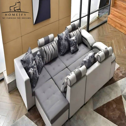 Homeify Carlo 9 Seater Fabric Sofa Set with 4-Puffy Convertible Sofa Set for Living Room Fabric 9 Seater Sofa  (Finish Color - Grey&White, DIY(Do-It-Yourself))