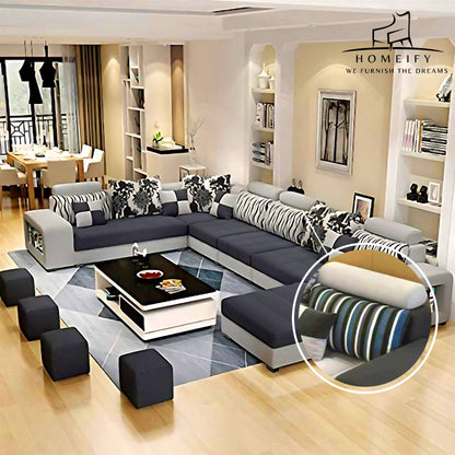 Homeify Carlo 9 Seater Fabric Sofa Set with 4-Puffy Convertible Sofa Set for Living Room Fabric 9 Seater Sofa  (Finish Color - Black, DIY(Do-It-Yourself)