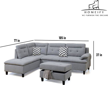Groovecraft Esteem 6 Seater Fabric Sectional Sofa Set with Storage Ottoman Fabric 6 Seater Sofa  (Finish Color - Grey, DIY(Do-It-Yourself)