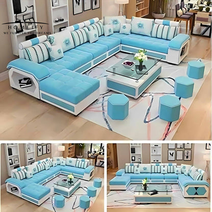Homeify Carlo 9 Seater Fabric Sofa Set with 4-Puffy Convertible Sofa Set for Living Room Fabric 3 + 3 + 2 + 2 Sofa Set  (Light Blue, Pre-assembled)