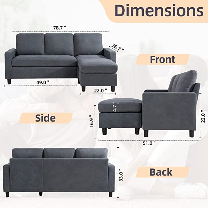 Homeify Nord Convertible Sectional Sofa Fabric 4-Person Sofa (Grey)
