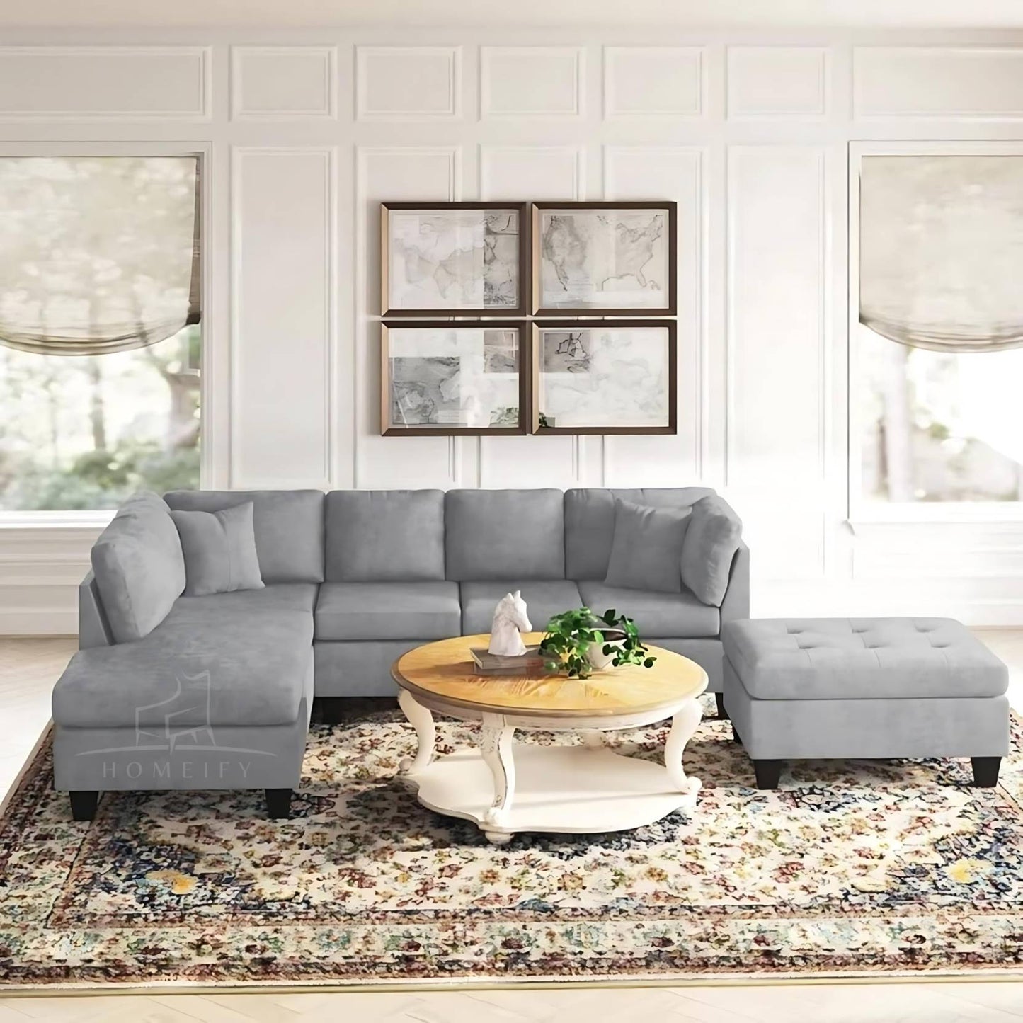 Homeify Oliver 5 Seater Sofa Upholstered Chaise Sectional with Ottoman Fabric 3 + 2 Sofa Set  (Grey, Pre-assembled)