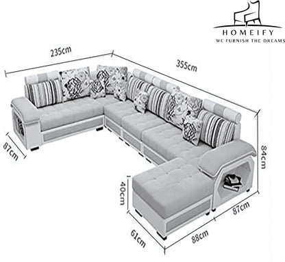 Homeify Carlo 9 Seater Fabric Sofa Set with 4-Puffy Convertible Sofa Set for Living Room Fabric 3 + 2 + 2 + 1 Sofa Set  (Light Grey & Black, Pre-assembled)