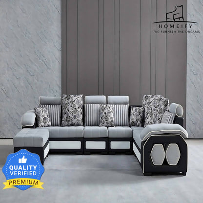 Homeify Carlo 9 Seater Fabric Sofa Set with 4-Puffy Convertible Sofa Set for Living Room Fabric 3 + 2 + 2 + 1 Sofa Set  (Light Grey & Black, Pre-assembled)