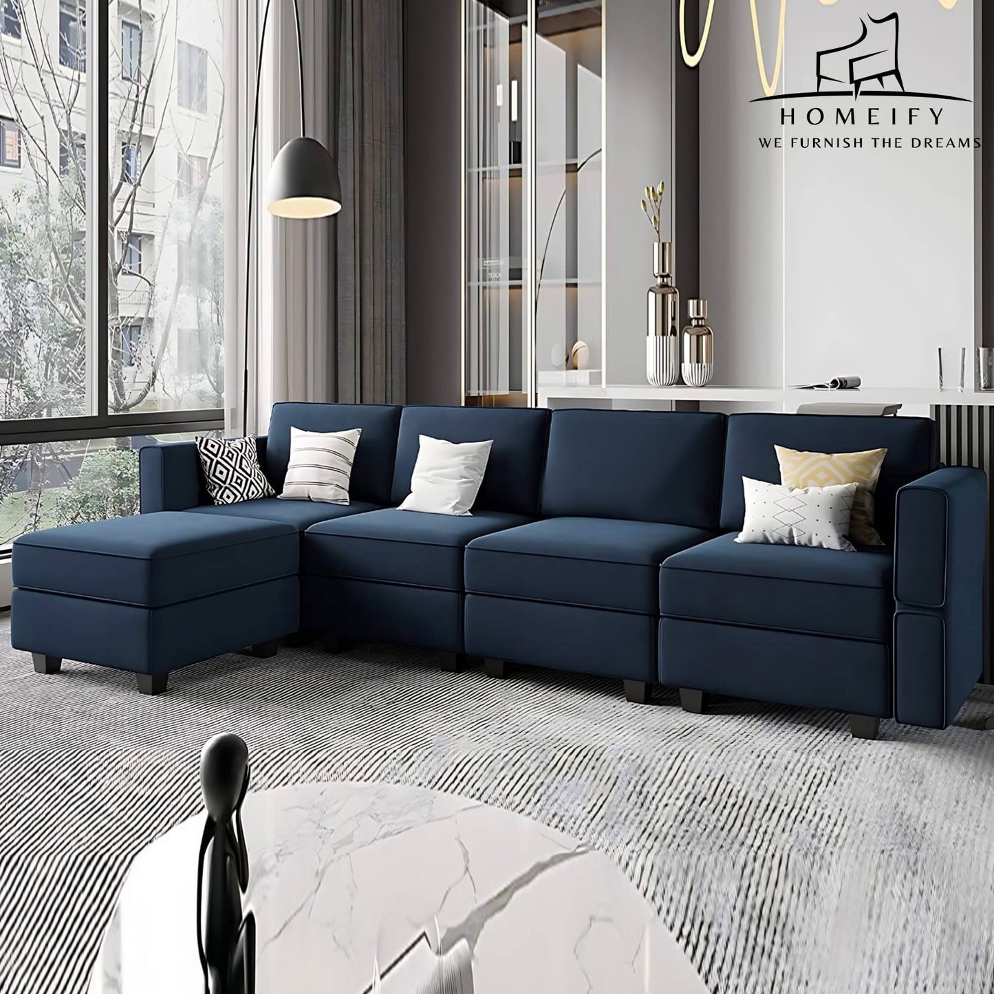 Homeify Skyler 5 Seater Sectional Sofa Set for Living Room Fabric 5 Seater Sofa  (Finish Color - Blue, Pre-assembled)