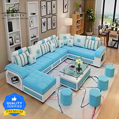 Homeify Carlo 9 Seater Fabric Sofa Set with 4-Puffy Convertible Sofa Set for Living Room Fabric 3 + 3 + 2 + 2 Sofa Set  (Light Blue, Pre-assembled)