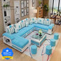 Homeify Carlo 9 Seater Fabric Sofa Set with 4-Puffy Convertible Sofa Set for Living Room Fabric 3 + 3 + 2 + 2 Sofa Set  (Light Blue, Pre-assembled)