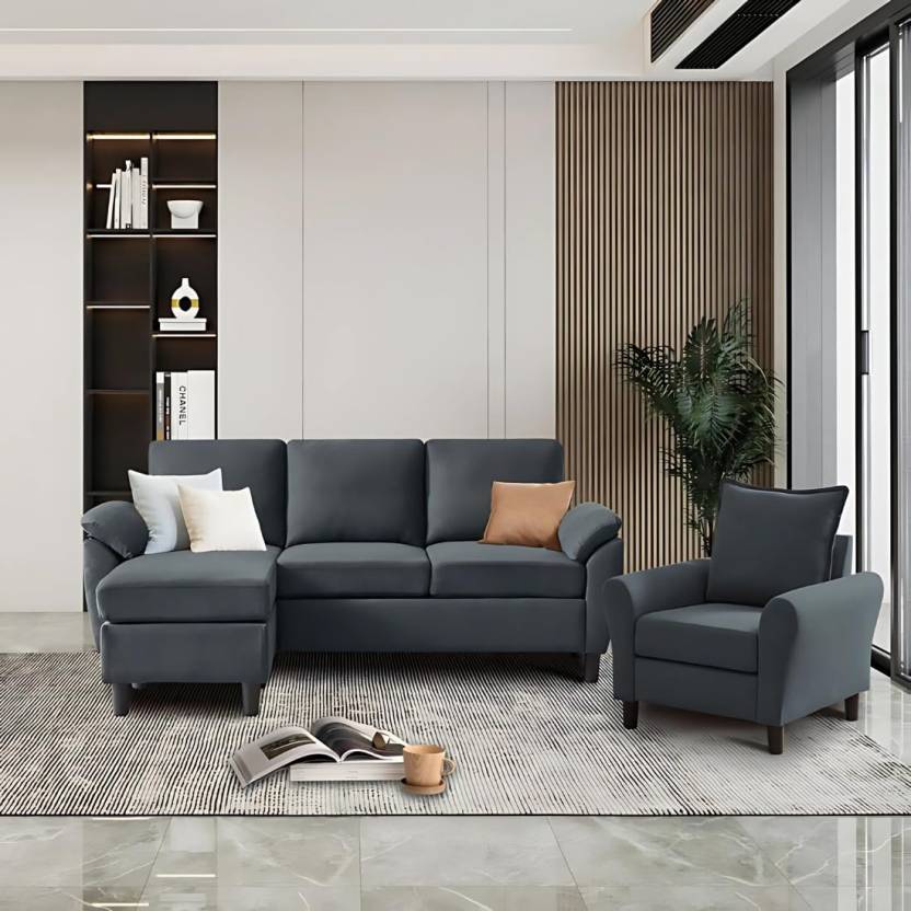 Homeify Wooden 4 Seater L-Shaped Sectional Sofa with Ottoman for Living Room Fabric 3 + 1 Sofa Set  (Grey, DIY(Do-It-Yourself))