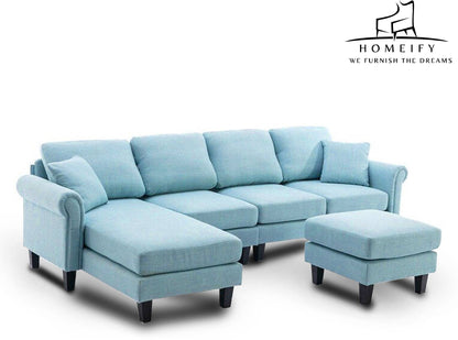 Homeify Reba 6 Seater Fabric Sectional Sofa with Ottoman for Living Room Fabric 3 + 2 + 1 Sofa Set  (Blue, Pre-assembled)