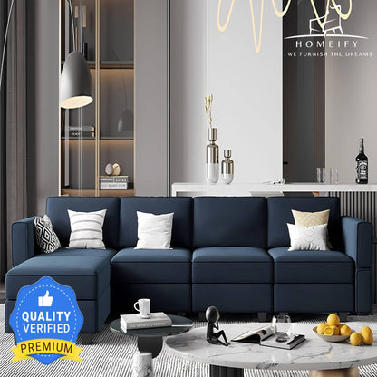 Homeify Skyler 5 Seater Sectional Sofa Set for Living Room Fabric 5 Seater Sofa  (Finish Color - Blue, Pre-assembled)