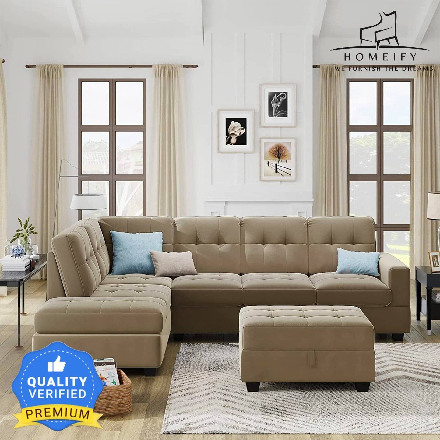 Homeify Ciesta Fabric 5- to 6-Seater Sofa L Shape Sofa Set with Storage Ottoman Fabric 6 Seater Sofa  (Finish Color - Beige, DIY(Do-It-Yourself)