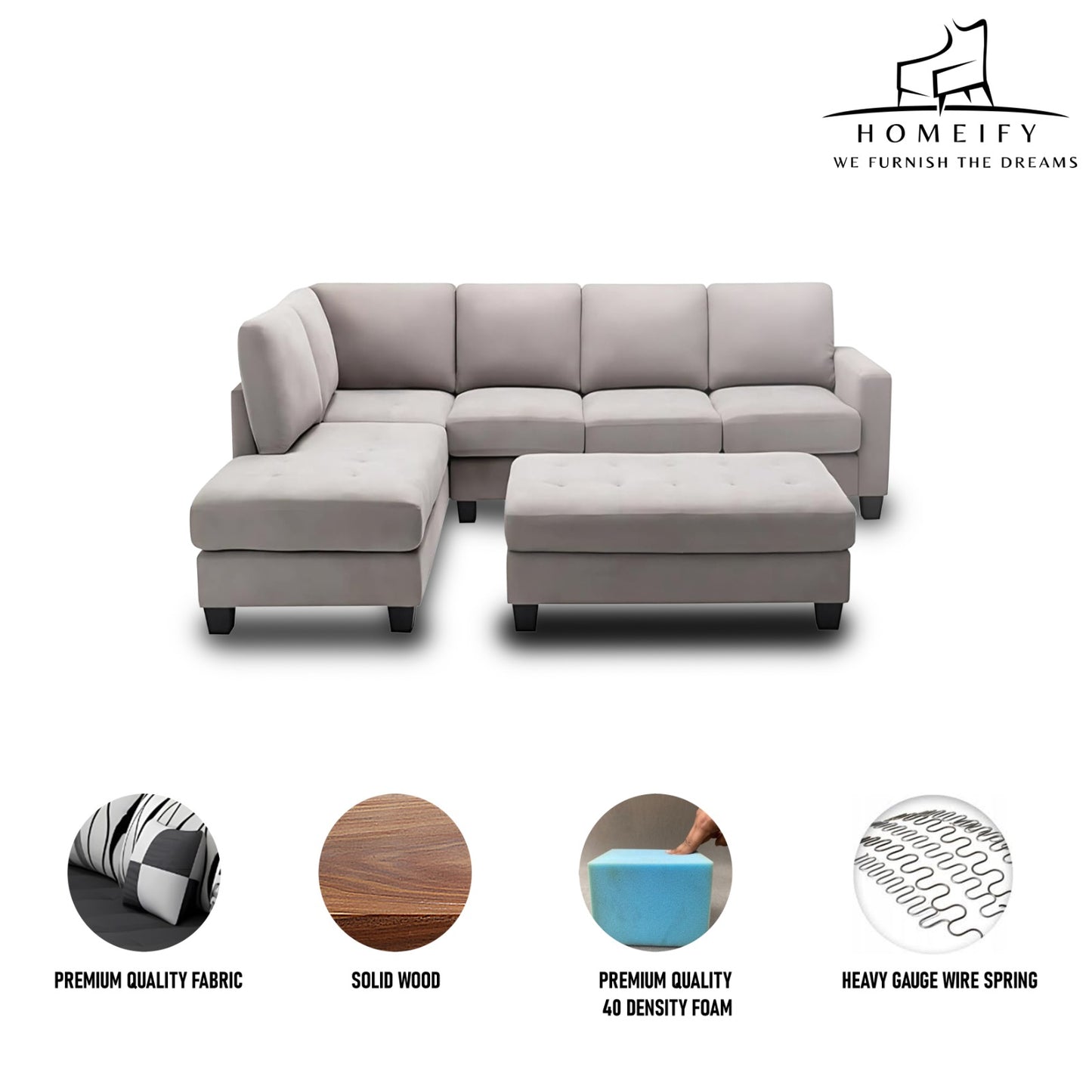 Groovecraft Greden 5 Seater Fabric L-Shaped Sectional Sofa with Ottoman for Living Room Fabric 6 Seater Sofa  (Finish Color - Beige, DIY(Do-It-Yourself)