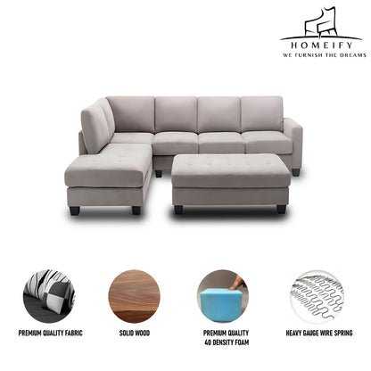 Groovecraft Greden 5 Seater Fabric L-Shaped Sectional Sofa with Ottoman for Living Room Fabric 6 Seater Sofa  (Finish Color - Beige, DIY(Do-It-Yourself)