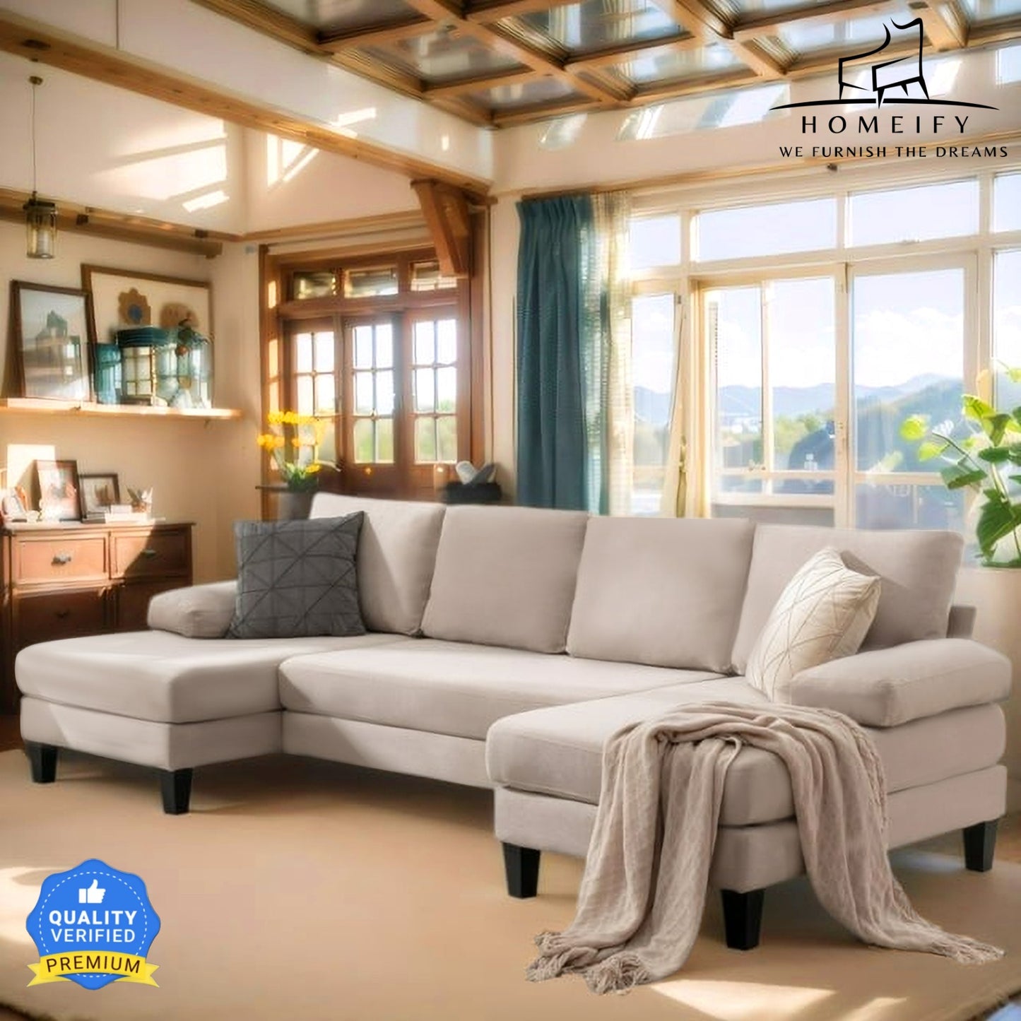 Homeify Ashton 4 Seater Fabric U-Shaped Sectional Sofa for Living Room Fabric 4 Seater Sofa  (Finish Color - Beige, DIY(Do-It-Yourself)