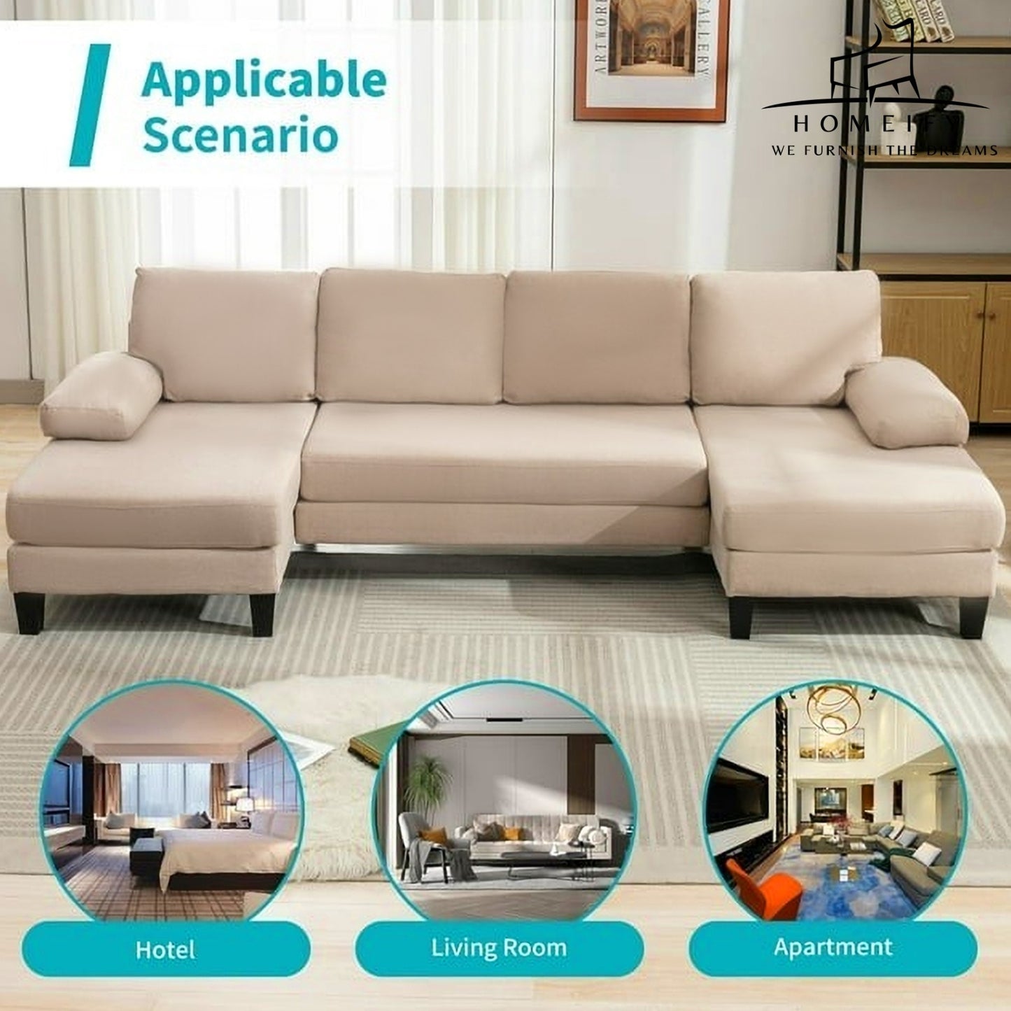 Homeify Ashton 4 Seater Fabric U-Shaped Sectional Sofa for Living Room Fabric 4 Seater Sofa  (Finish Color - Beige, DIY(Do-It-Yourself)