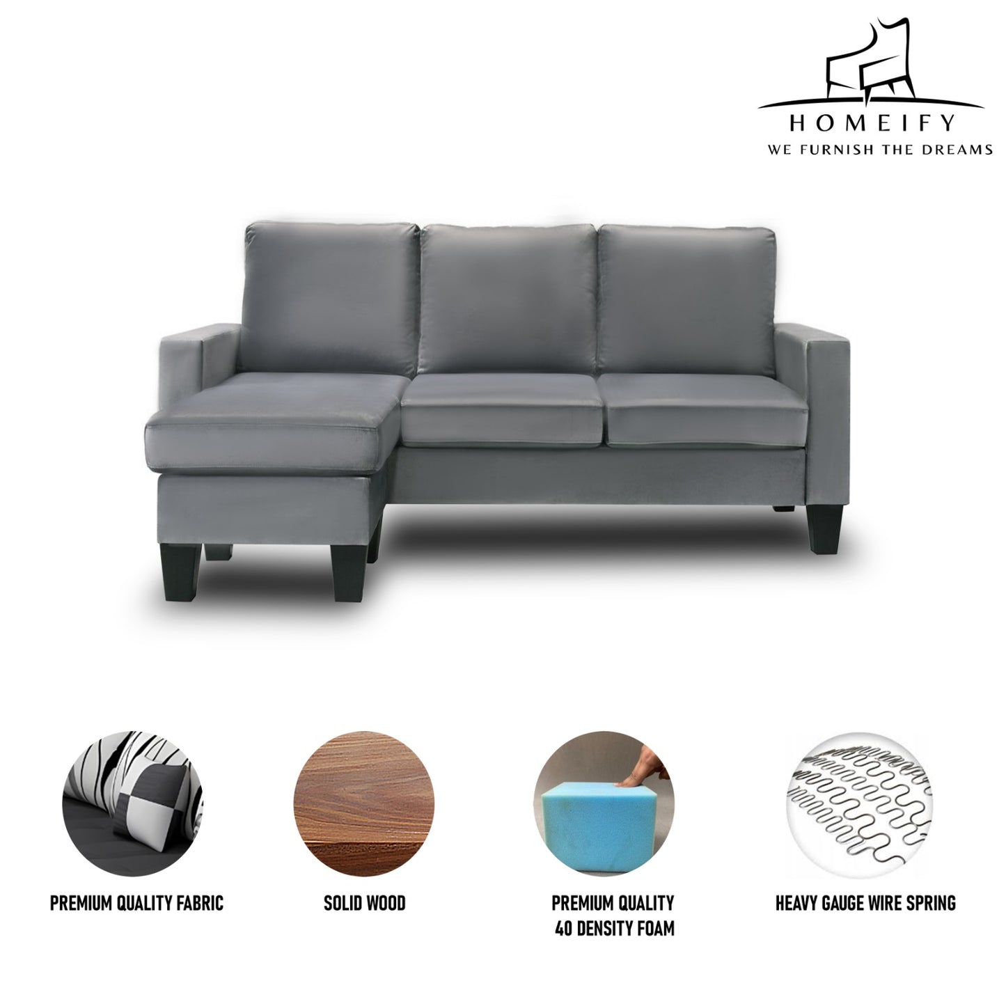 Homeify Adora 3 Seater Fabric L-Shaped Sectional Sofa for Living Room Fabric 3 Seater Sofa  (Finish Color - Grey, DIY(Do-It-Yourself)