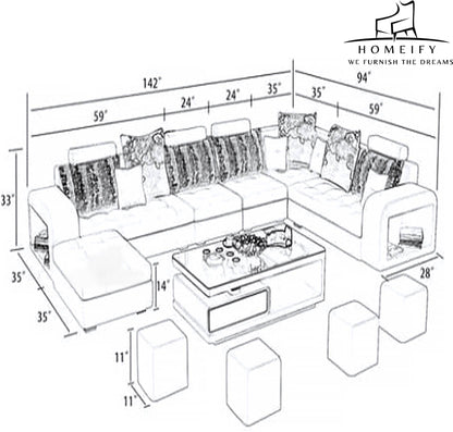 Homeify Carlo 9 Seater Fabric Sofa Set with 4-Puffy Convertible Sofa Set for Living Room Fabric 3 + 3 + 2 + 2 Sofa Set  (Black, Pre-assembled)